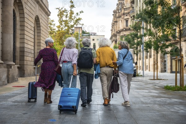Group of diverse senior women friends enjoying city travel together, walking on an urban street with luggage during a vacation, embracing friendship and shared experiences