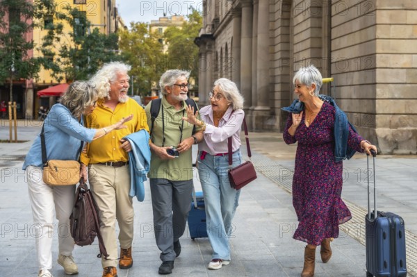 Group of happy senior friends enjoying a joyful trip, walking on a city street, carrying travel luggage, and sharing a moment of fun and friendship during their vacation