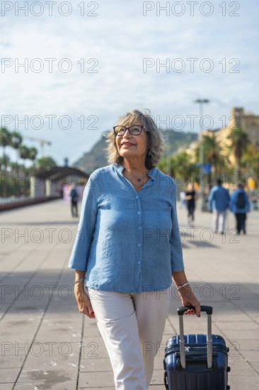 Happy senior woman exploring a city, actively walking with a suitcase, enjoying her vacation and travel with a youthful spirit and looking up with a serene expression