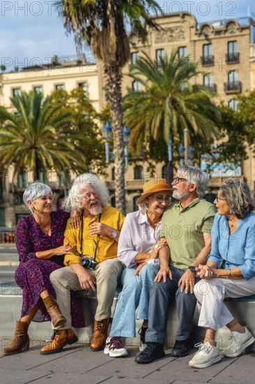 Group of happy senior friends smiling and interacting while sitting on a bench in a city square, surrounded by palm trees on a sunny day, representing friendship, retirement, and travel