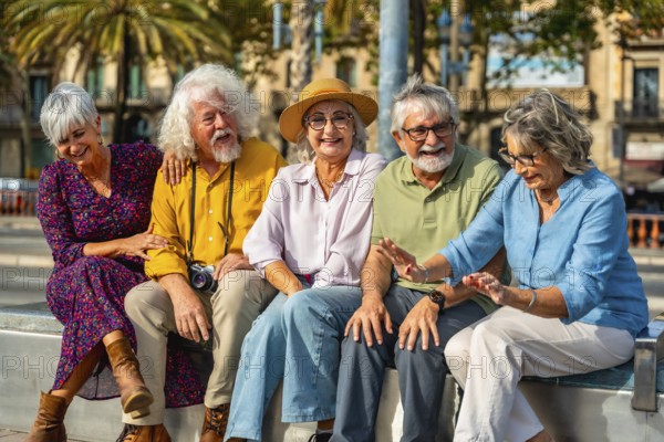 Five senior friends spending time together outdoors, happily socializing and having a conversation during their leisure travel in a cheerful urban setting
