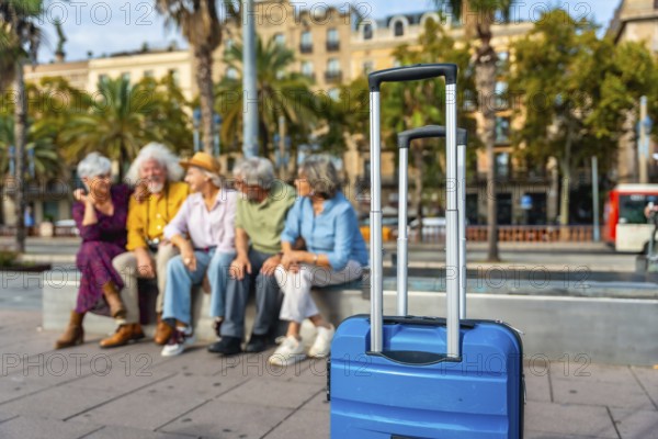 Seniors group relaxing on a bench in a city street with a blue suitcase in the foreground, enjoying travel and friendship during their retirement vacation