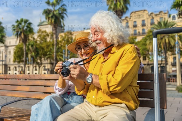 Senior couple sitting on a bench in an urban setting, enjoying their trip, looking at pictures on a vintage camera, celebrating vacation and active retirement