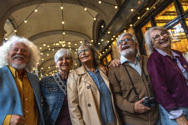 Group of happy senior friends smiling while walking together in a city street at night, experiencing urban life and travel with string lights overhead