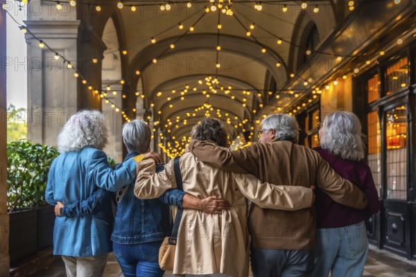 Group of diverse senior friends walking together embraced along an illuminated city archway at dusk, sharing friendship and enjoying an evening outing