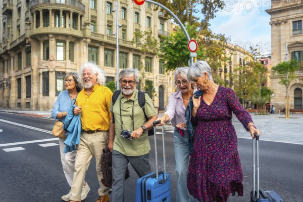 Smiling group of senior friends exploring a european city on vacation, crossing a busy street with luggage, enjoying urban architecture, leisure, and carefree adventure together