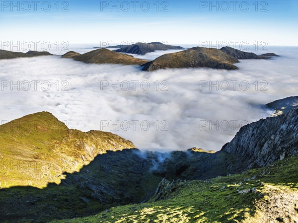 Snowdon Massif from a drone, Snowdon Range, Snowdonia, North Wales, UK