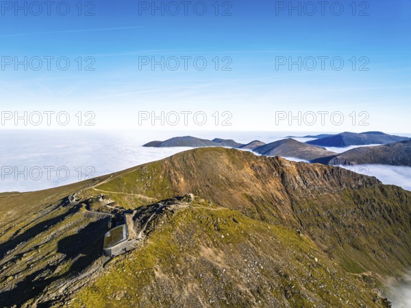 Snowdon and Snowdon Massif from a drone, Snowdon Range, Snowdonia, North Wales, UK