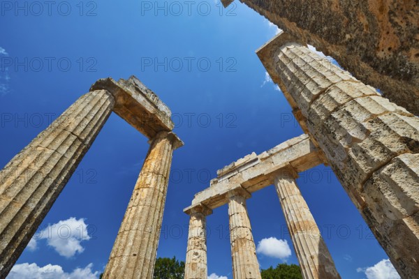 View of ancient ruins and columns in Greece, Nemea, Ancient Zeus Church, Archaeological Site, Peloponnese, Greece