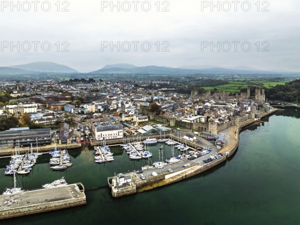 Caernarfon Castle from a drone, Caernarfon, Gwynedd, North-West Wales, UK