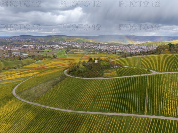 Wide landscape with vineyards and a rainbow under a cloudy sky, autumn, Schützenhüttle-Donkey, near Strümpfelbach im Remstal, Rems-Murr-Kreis, Baden-Württemberg, Germany
