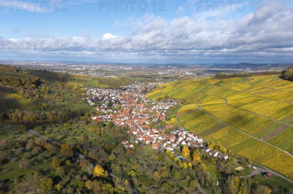Wine village in colorful vineyards under a cloudy but clear autumn sky, Strümpfelbach im Remstal, Rems-Murr-Kreis, Baden-Württemberg, Germany
