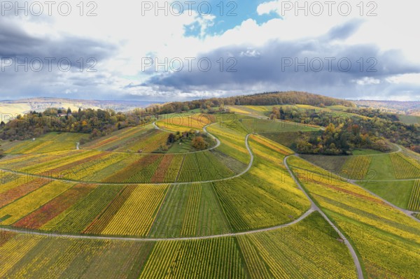 Panoramic view of colorful hills and vineyards under a partly cloudy sky, autumn, Schützenhüttle-Donkey, near Strümpfelbach im Remstal, Rems-Murr-Kreis, Baden-Württemberg, Germany