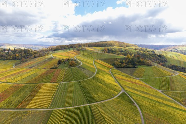 Hilly vineyards in vivid autumn colors under a partly cloudy sky, autumn, Schützenhüttle-Donkey, near Strümpfelbach im Remstal, Rems-Murr-Kreis, Baden-Württemberg, Germany