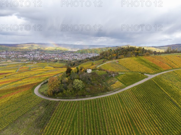View over hills with colorful vineyards and a dramatic sky full of clouds, autumn, Schützenhüttle-Donkey, near Strümpfelbach im Remstal, Rems-Murr-Kreis, Baden-Württemberg, Germany