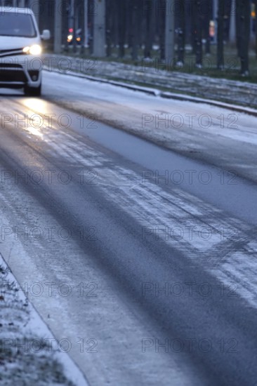 Winter, slippery roads with snow and ice, slippery roads, Germany