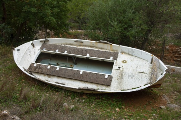 Old rowing boat lying abandoned in an olive grove, Majorca, Spain