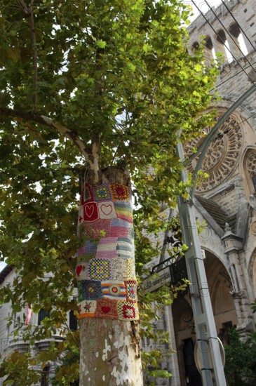 Decorated tree trunk, behind Església de Sant Bartomeu de Sóller, Soller, Majorca, Spain