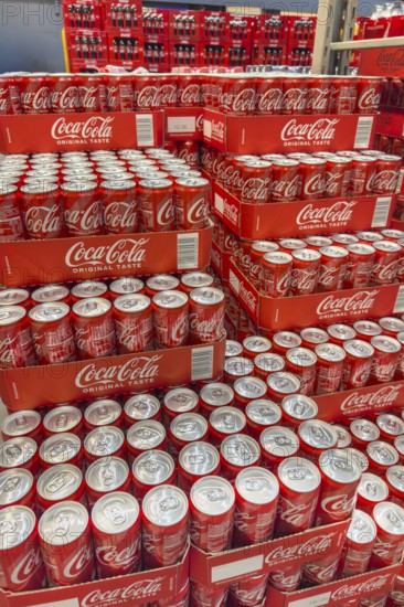 Pallet with cans drinking cans beverage cans of soft drink Coca-Cola Coke Coca Cola, Germany