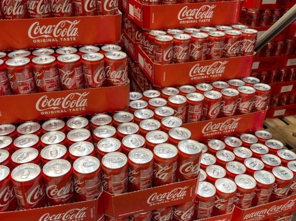 Pallet with cans drinking cans beverage cans of soft drink Coca-Cola Coke Coca Cola, Germany