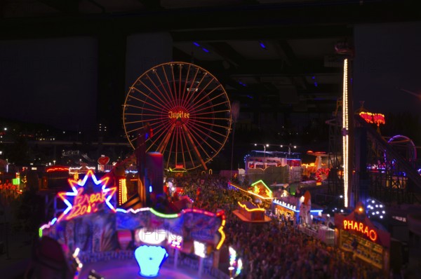 Interior view, night view, replica of a funfair, Ferris wheel, folk festival, rides, miniature picture, Miniature Wonderland, Free and Hanseatic City of Hamburg, Germany