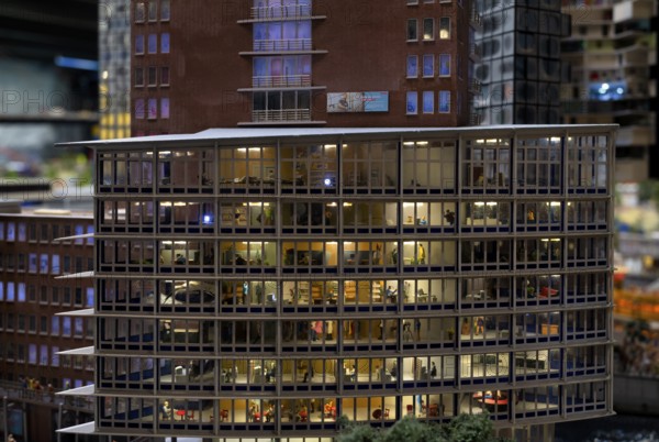 Interior view, replica of an office building in Monaco, miniature picture, night view, Miniature Wonderland, Free and Hanseatic City of Hamburg, Germany