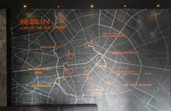 Map of Berlin inside GDK German Doner Kebab takeaway restaurant in city centre, Exeter, Devon, England, UK