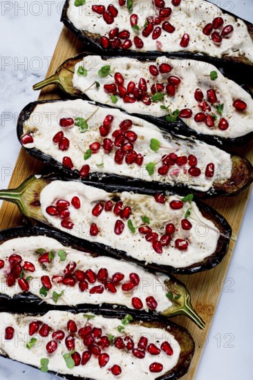 Fried eggplant with sauce, decorated with microgreens and pomegranate seeds, eggplant appetizer, top view, homemade, no people