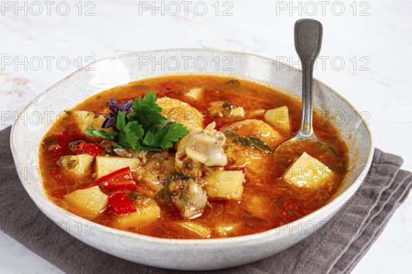 Souzi soup. Georgian dish, meat with oats, tomato sauce and herbs