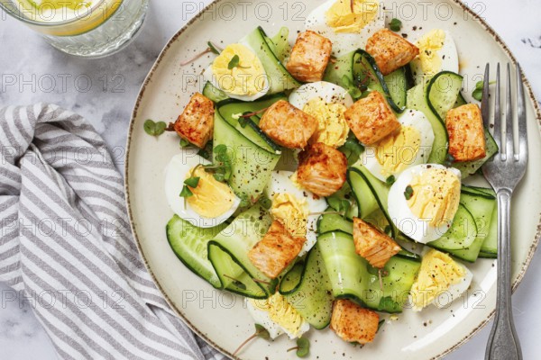 Delicious salmon and egg salad served on a plate with fresh cucumber and herbs for a healthy meal at lunchtime