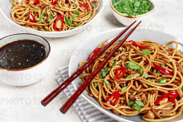 Udon noodles, with shimeji mushrooms, vegetables, in sauce, with sesame seeds, green onions, Asian vegetarian food, horizontal, without people