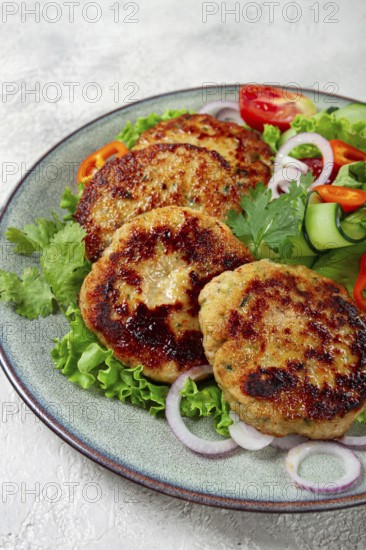 Fried chicken cutlets, minced chicken, with vegetables, on gray, with vegetable salad, top view, homemade, no people