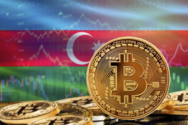 Investors in cryptocurrency and Blockchain Technology in Azerbaijan, Concept. Bitcoin with Azerbaijan flag in the background