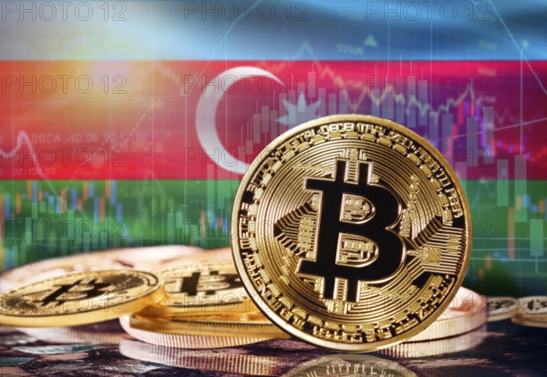 Bitcoin with Azerbaijan flag in the background. Investors in cryptocurrency and Blockchain Technology in Azerbaijan, Concept