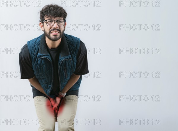 Young woman with hemorrhoids problems. Person with medical problem urinary. Male with hands on crotch with urinary infection