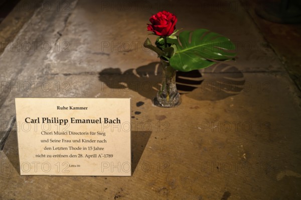 Interior photo, rose in vase standing on grave, grave slab, by Carl Philipp Emanuel Bach, crypt, main evangelical church of St. Michaelis, Michel for short, Free and Hanseatic City of Hamburg, Germany