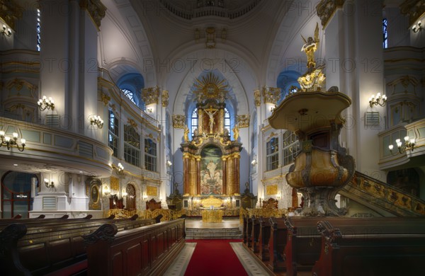 Interior view, celebration altar, choir, altar, pulpit, main evangelical church of St. Michaelis, Michel for short, Free and Hanseatic City of Hamburg, Germany