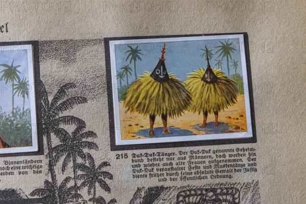 German colonies. Bismarck archipelago. Duk-Duk dancers. Duk-Duk is a secret society that represents part of the traditional Tolai culture from the area around Rabaul in New Britain Papua New Guinea in the South Pacific. An anthology published by Cigaretten-Bilderdienst Dresden from 1936. Germany
