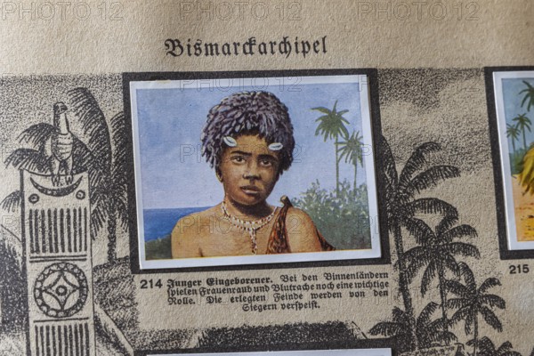 German colonies. Bismarck archipelago. Young native. According to the caption, robbery of woman and blood vengeance still play an important role. The defeated enemies would be eaten by the victors. Symbolic photo of Canibalism. An anthology published by Cigaretten-Bilderdienst Dresden from 1936. Germany