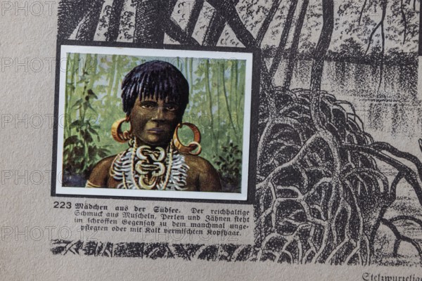 German colonies. Solomon and Admiralty Islands. Girls from the South Seas. Caption: The rich jewelry... stands in stark contrast to the sometimes unkempt... hair on the head. An anthology published by Cigaretten-Bilderdienst Dresden from 1936. Germany