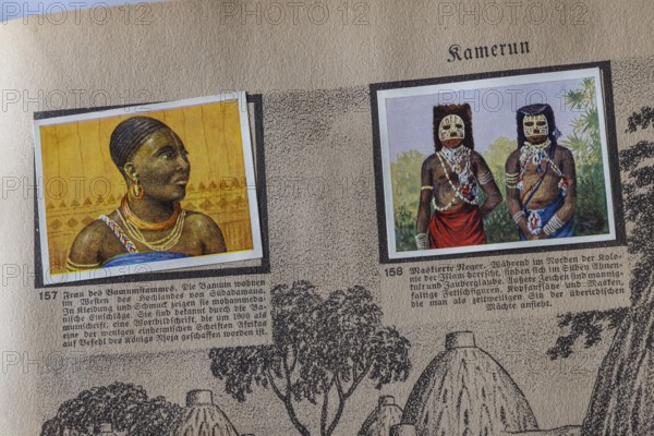 German colonies. Cameroon German Southwest Africa. Masked locals, referred to as Negroes in the image description. An anthology published by Cigaretten-Bilderdienst Dresden from 1936. Germany