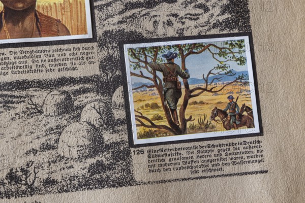 German colonies. German Southwest Africa. Caption: An equestrian patrol of the Schutztruppe. The fighting against the extraordinarily cruel Herero and Hottentots... was made very difficult by the character of the country and the lack of water. An anthology published by Cigaretten-Bilderdienst Dresden from 1936. Germany