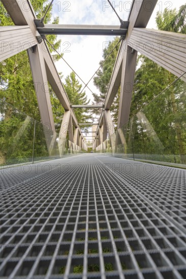 Architecturally impressive metal and wood bridge with glass railing against a wooded background, Ruhestein National Park Center, Black Forest, Baiersbronn, Germany