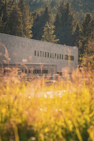 National Park Center with autumn landscape in the background, Ruhestein National Park Center, Black Forest, Baiersbronn, Germany
