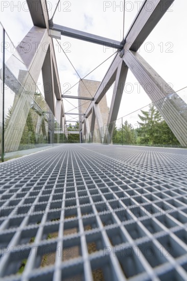 Modern steel bridge photographed from below, forest in the background, Ruhestein National Park Center, Black Forest, Baiersbronn, Germany