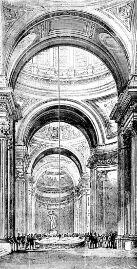 Public presentation of Foucault's pendulum in the Panthéon 1851, experiment and proof of the Earth's rotation, physics, long pendulum, heavy weight, sandy soil, circles, high hall, interior, ornamentation, audience, Paris, France, travel, historical illustration around 1900