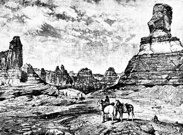 Land of Standing Up Rocks, Land of Standing Rocks in the Grand Canyon, Horses, Riders, Arizona, North America, Travel, Historical Illustration Around 1900