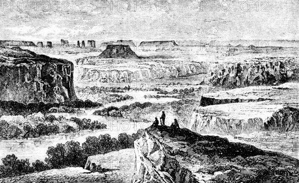 Erosion valley in the Colorado River area, Grand Canyon, Table Mountain, geology, arid region, alien river, North America, travel, historical illustration around 1900