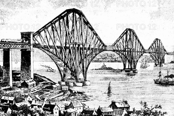 Forth Bridge, bridge over the Firth of Forth, UNESCO World Heritage Site, double-track railway bridge from 1891, cantilever bridge, viaducts, steam locomotive, two-master, city, building material steel, South Queensferry, Fife Peninsula, Scotland, Great Britain, travel, historical illustration around 1900
