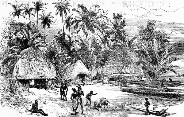 Village on the Admiral Islands in the Bismarck Archipelago, Pacific Ocean, Manus, inner tropics, tropical climate, tropical rainforest, palm trees, straw houses, indigenous population, shore, wooden boats, animals, rising sea levels, global warming, danger, travel, historical illustration around 1900